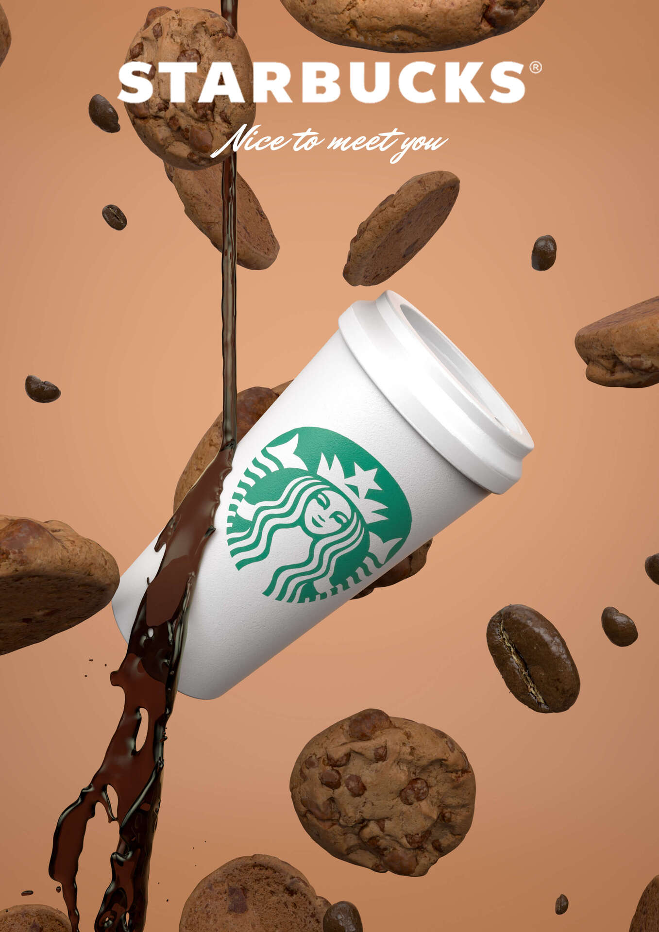 Resultado final del renderizado 3D de las galletas, la taza y el café del Starbucks junto a su diseño por Photoshop