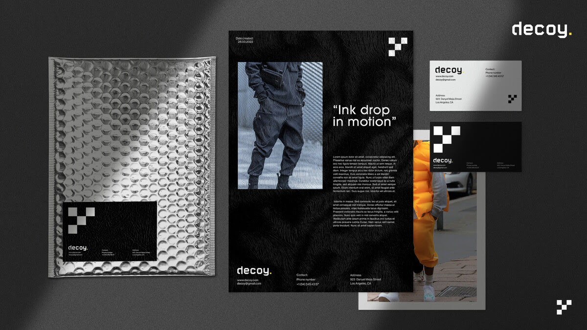 Mockup del packaging, papelería y tarjetas de contacto de la marca decoy