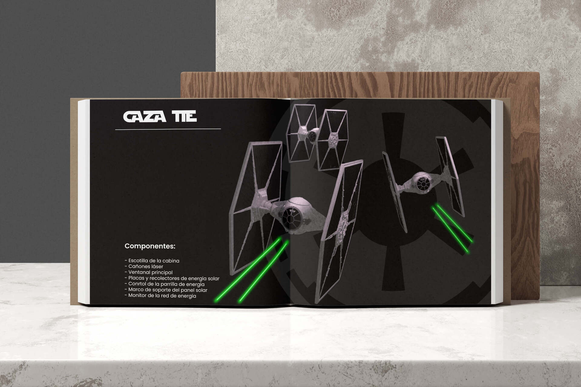 Mockup de un libro donde se muestran tres Caza TIE modelados y la explicación de los componentes de la nave