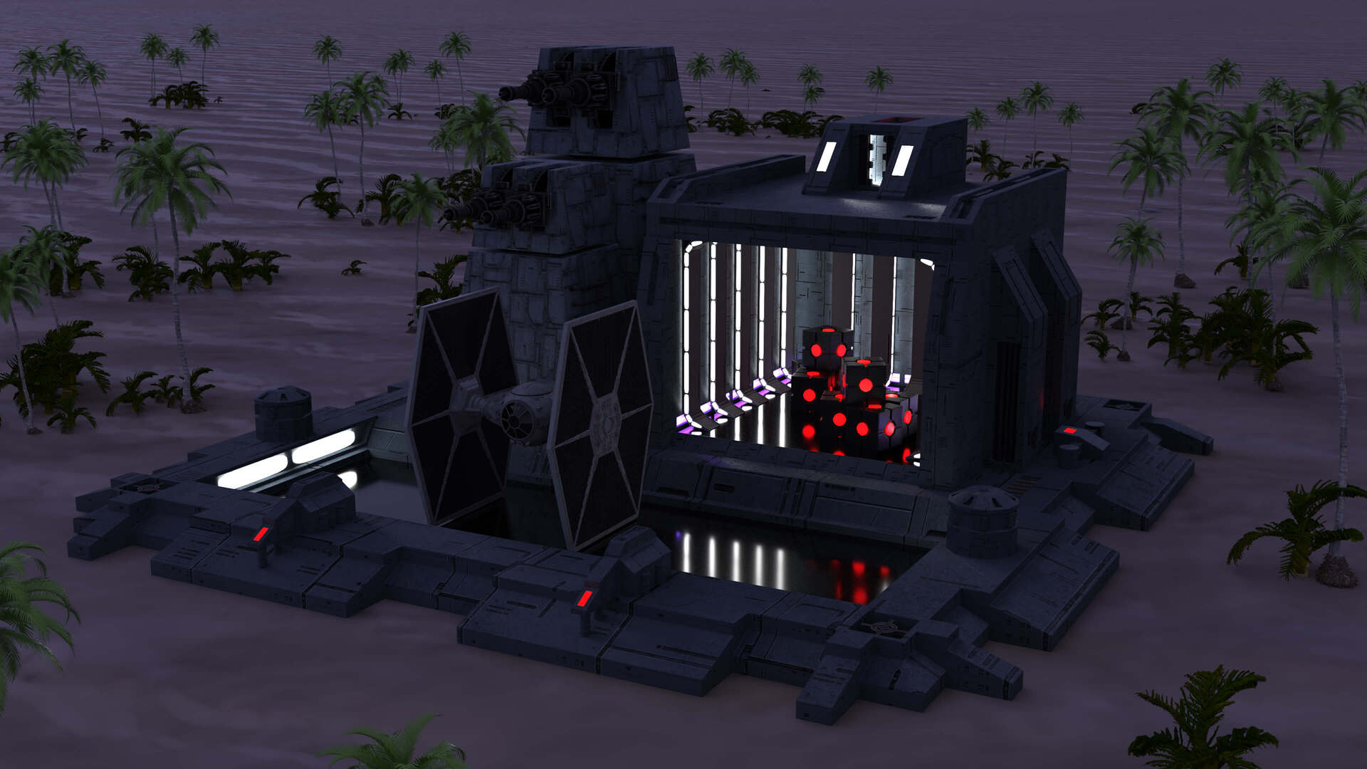 Modelado de un diorama 3D de una base imperial de Star Wars con una plataforma para el Caza TIE