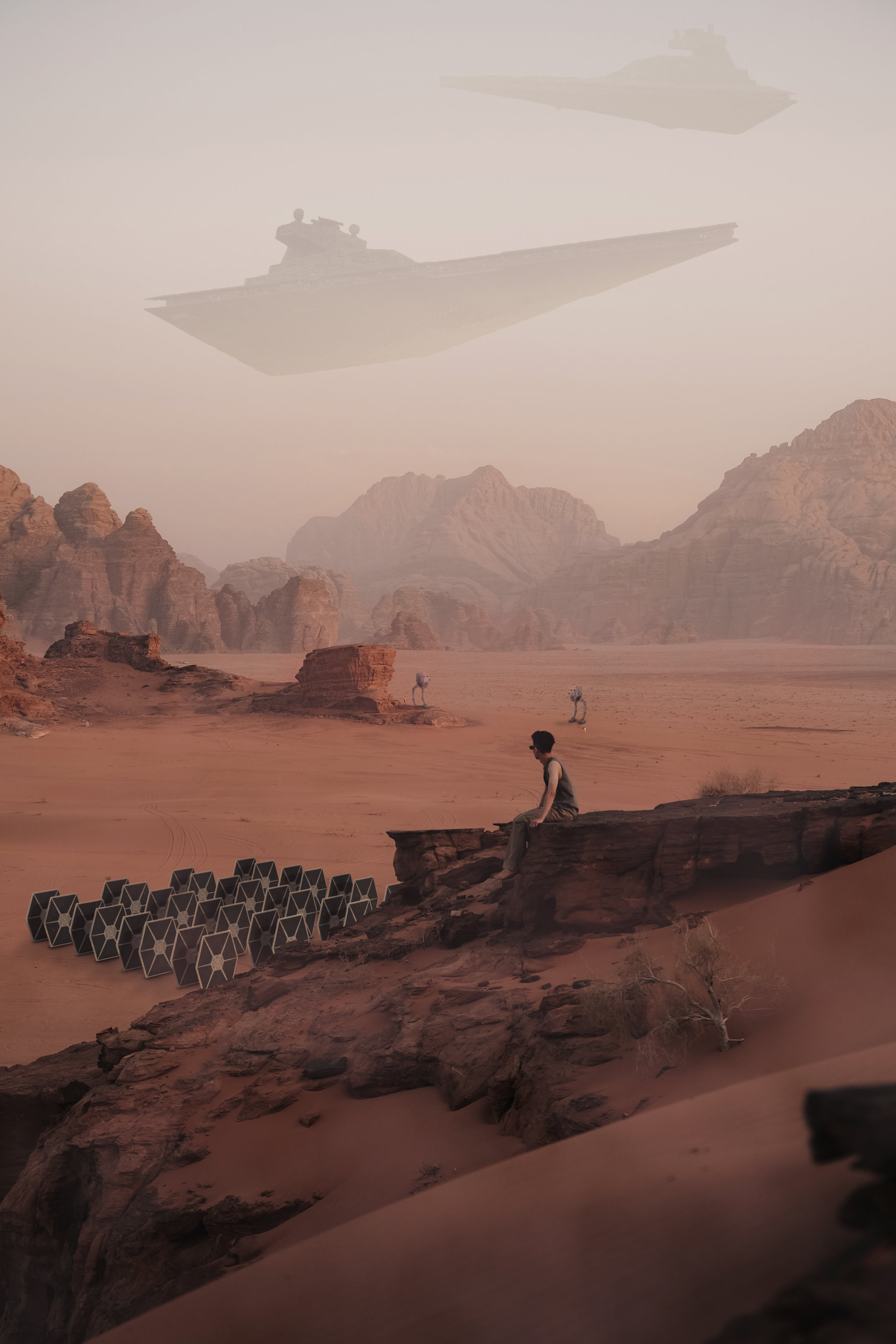 Integración de diversas imágenes de Star Wars (Destructores Imperiales, AT-ST y Cazas TIE 3D) en una imagen de un desierto