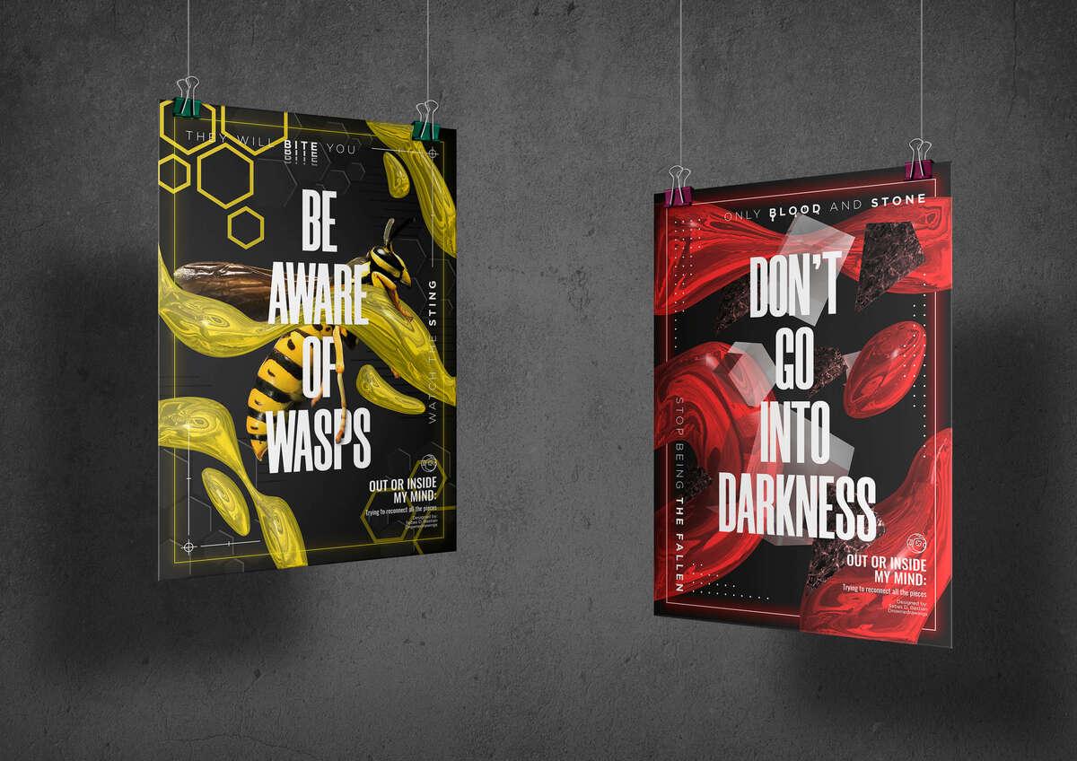 Mockup de dos carteles diseñados con elementos 3D, imágenes y fuentes tipográficas dinámicas