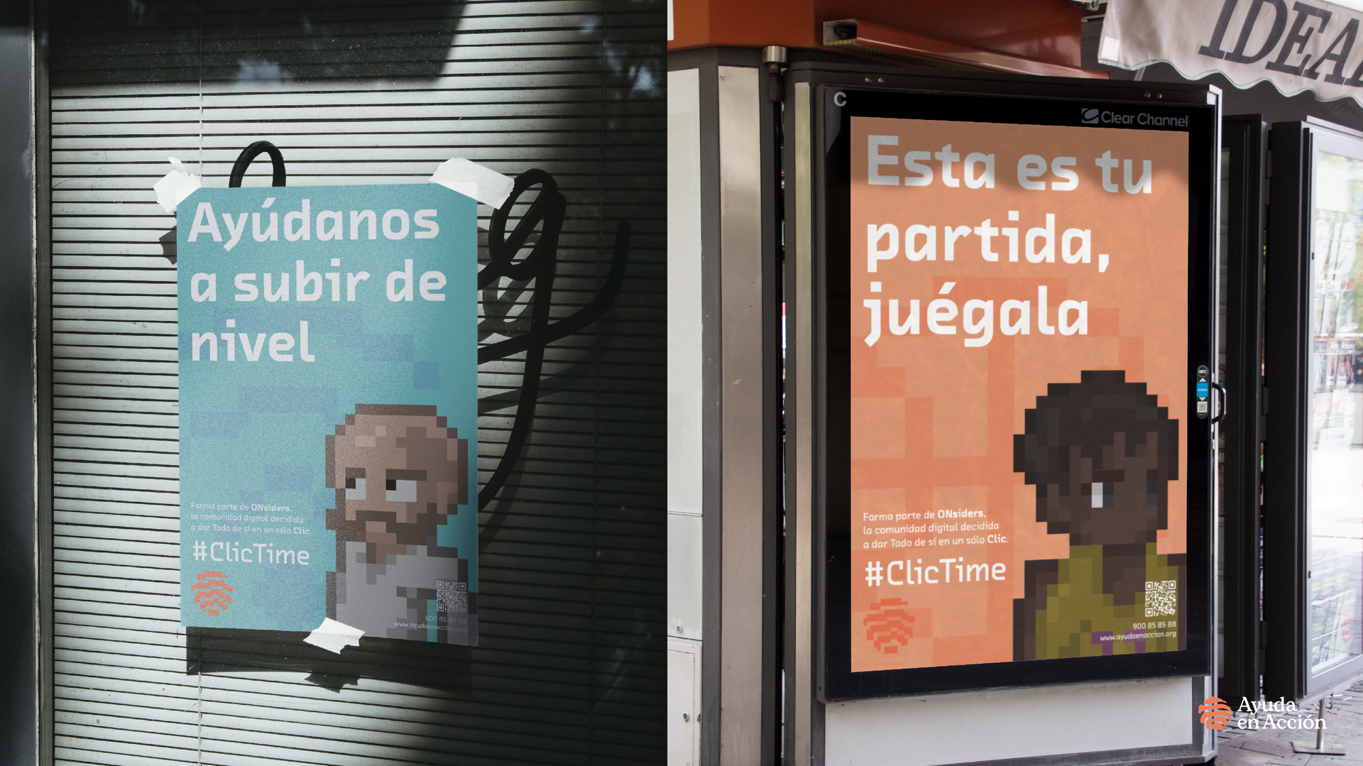 Mockup de dos carteles pixel art mostrando el propósito de la campaña #ClicTime para Ayuda en Acción