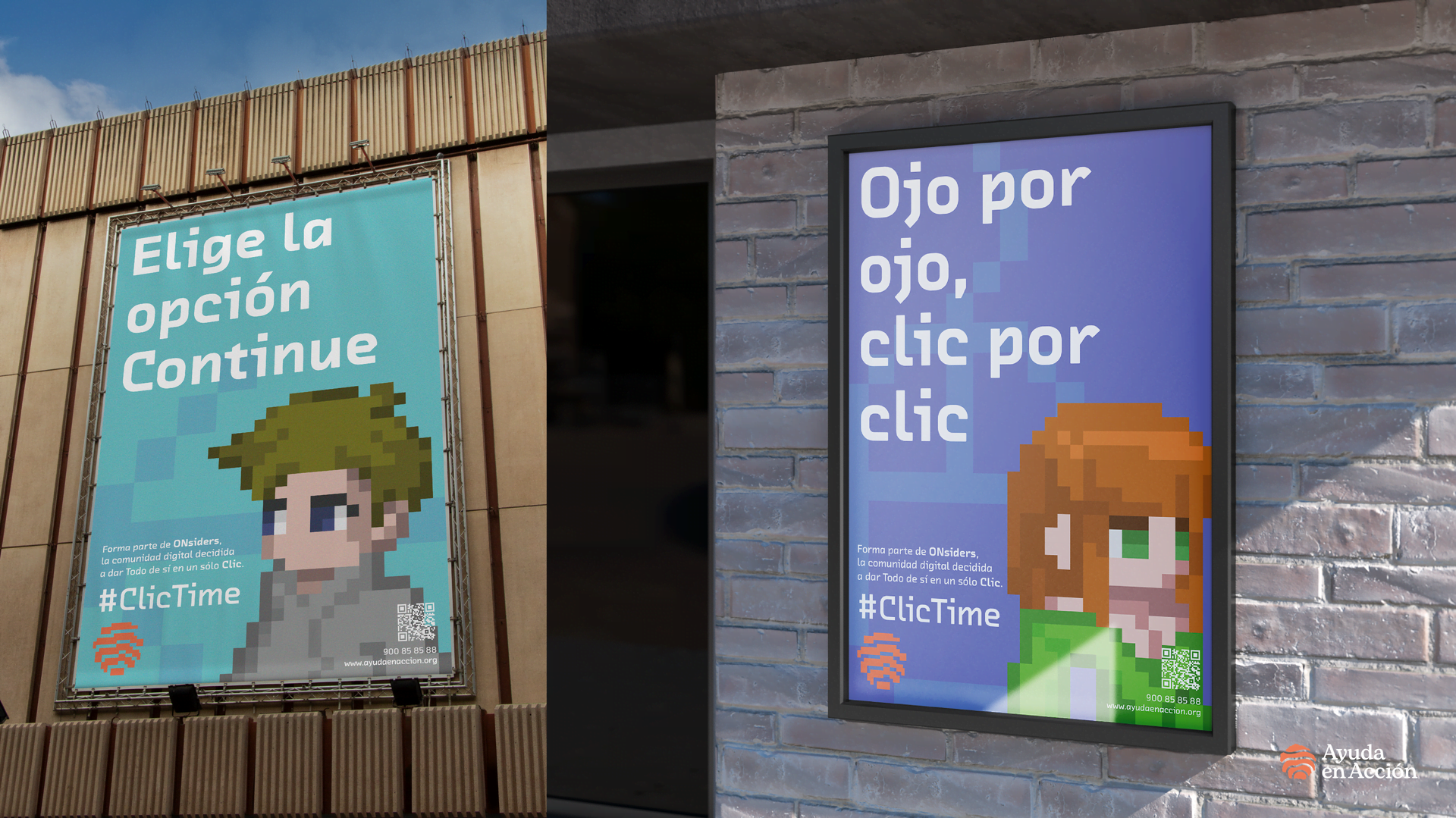 Mockup de carteles pixel art de diferentes tamaños mostrando el propósito de la campaña #ClicTime para Ayuda en Acción